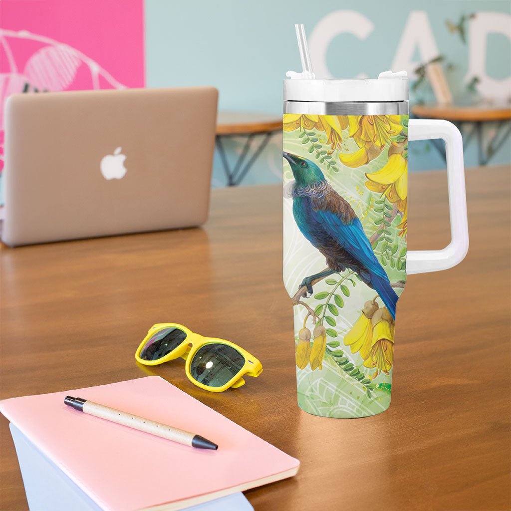 New Zealand Maori Mahuru Tumbler With Handle Tui With Pikawakawa Spring Colors LT7 - Polynesian Pride