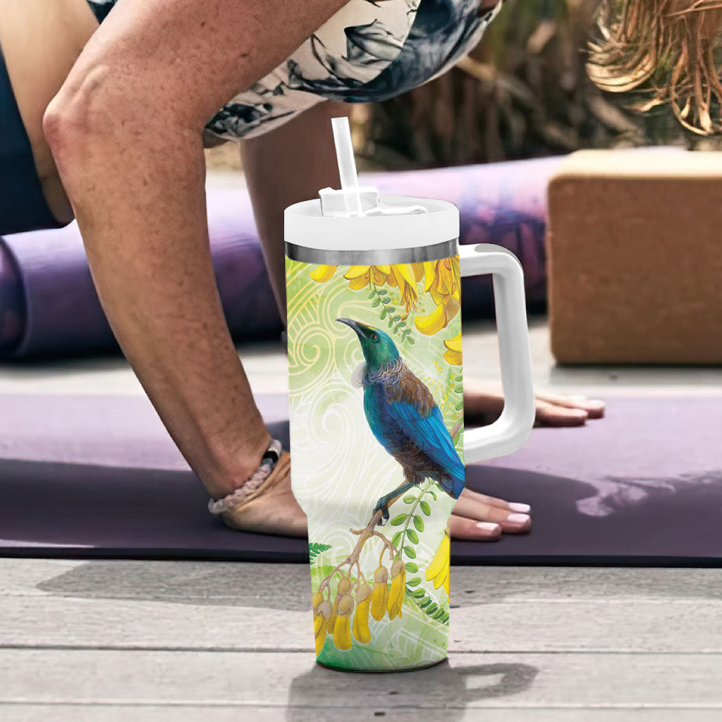 New Zealand Maori Mahuru Tumbler With Handle Tui With Pikawakawa Spring Colors LT7 - Polynesian Pride