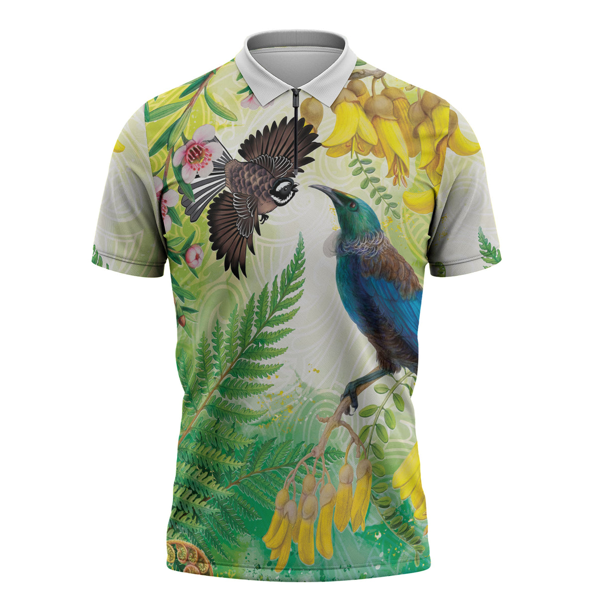 New Zealand Maori Mahuru Zipper Polo Shirt Tui With Pikawakawa Spring Colors LT7 Multicolor - Polynesian Pride
