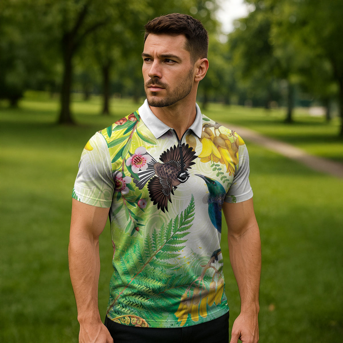 New Zealand Maori Mahuru Zipper Polo Shirt Tui With Pikawakawa Spring Colors LT7 - Polynesian Pride