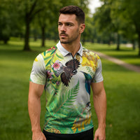 New Zealand Maori Mahuru Zipper Polo Shirt Tui With Pikawakawa Spring Colors LT7 - Polynesian Pride