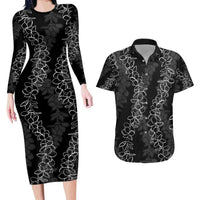 Hawaii Plumeria Lei Couples Matching Long Sleeve Bodycon Dress and Hawaiian Shirt Aloha Festive Vibe LT7 Black - Polynesian Pride
