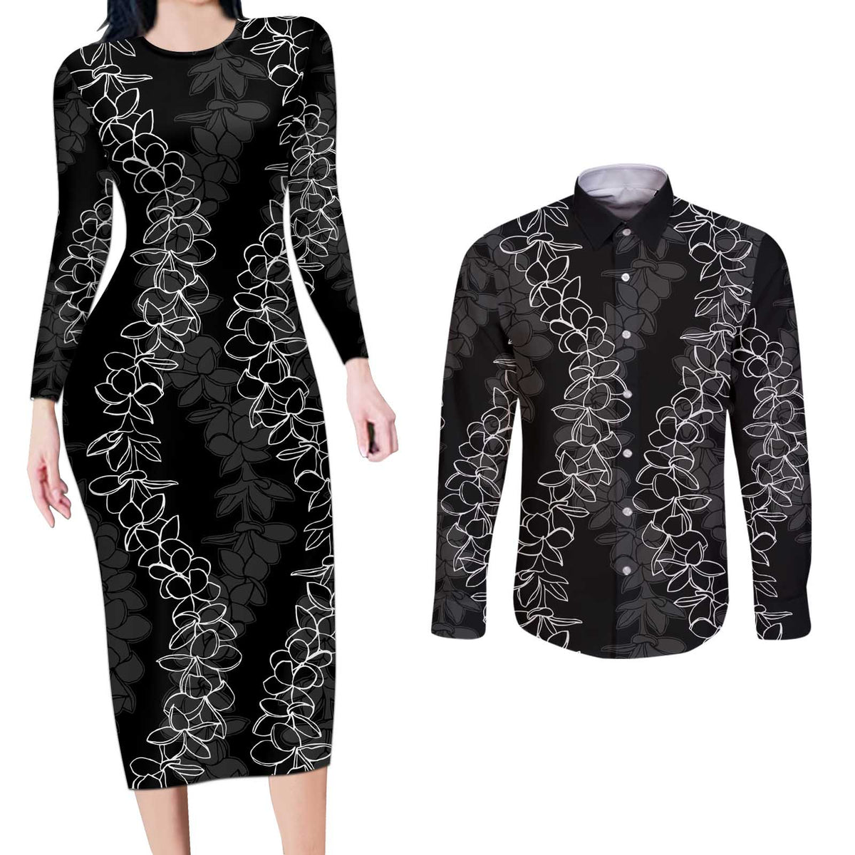 Hawaii Plumeria Lei Couples Matching Long Sleeve Bodycon Dress and Long Sleeve Button Shirt Aloha Festive Vibe LT7 Black - Polynesian Pride