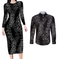 Hawaii Plumeria Lei Couples Matching Long Sleeve Bodycon Dress and Long Sleeve Button Shirt Aloha Festive Vibe LT7 Black - Polynesian Pride