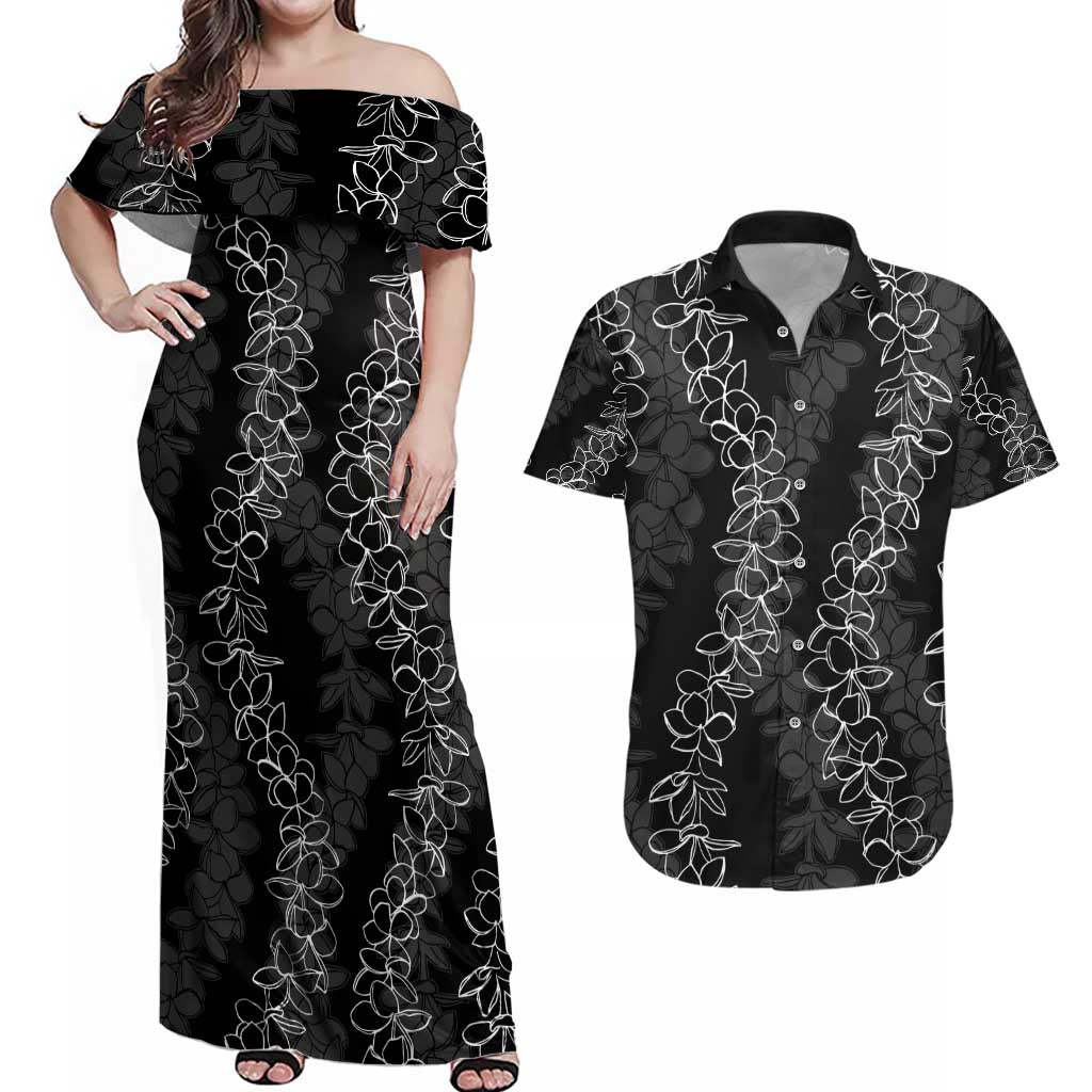 Hawaii Plumeria Lei Couples Matching Off Shoulder Maxi Dress and Hawaiian Shirt Aloha Festive Vibe LT7 Black - Polynesian Pride