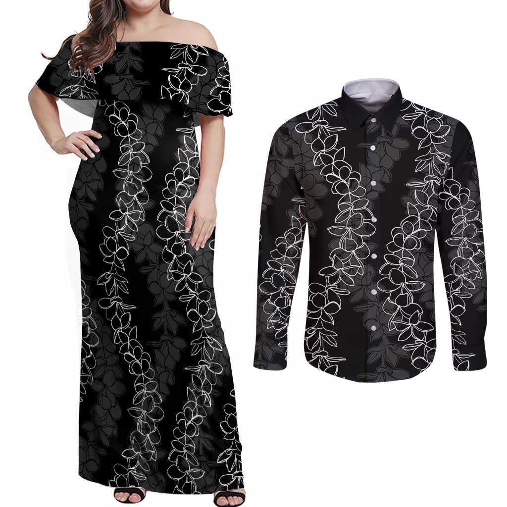 Hawaii Plumeria Lei Couples Matching Off Shoulder Maxi Dress and Long Sleeve Button Shirt Aloha Festive Vibe LT7 Black - Polynesian Pride