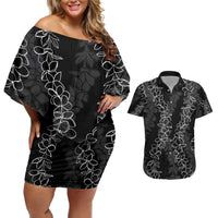 Hawaii Plumeria Lei Couples Matching Off Shoulder Short Dress and Hawaiian Shirt Aloha Festive Vibe LT7 Black - Polynesian Pride