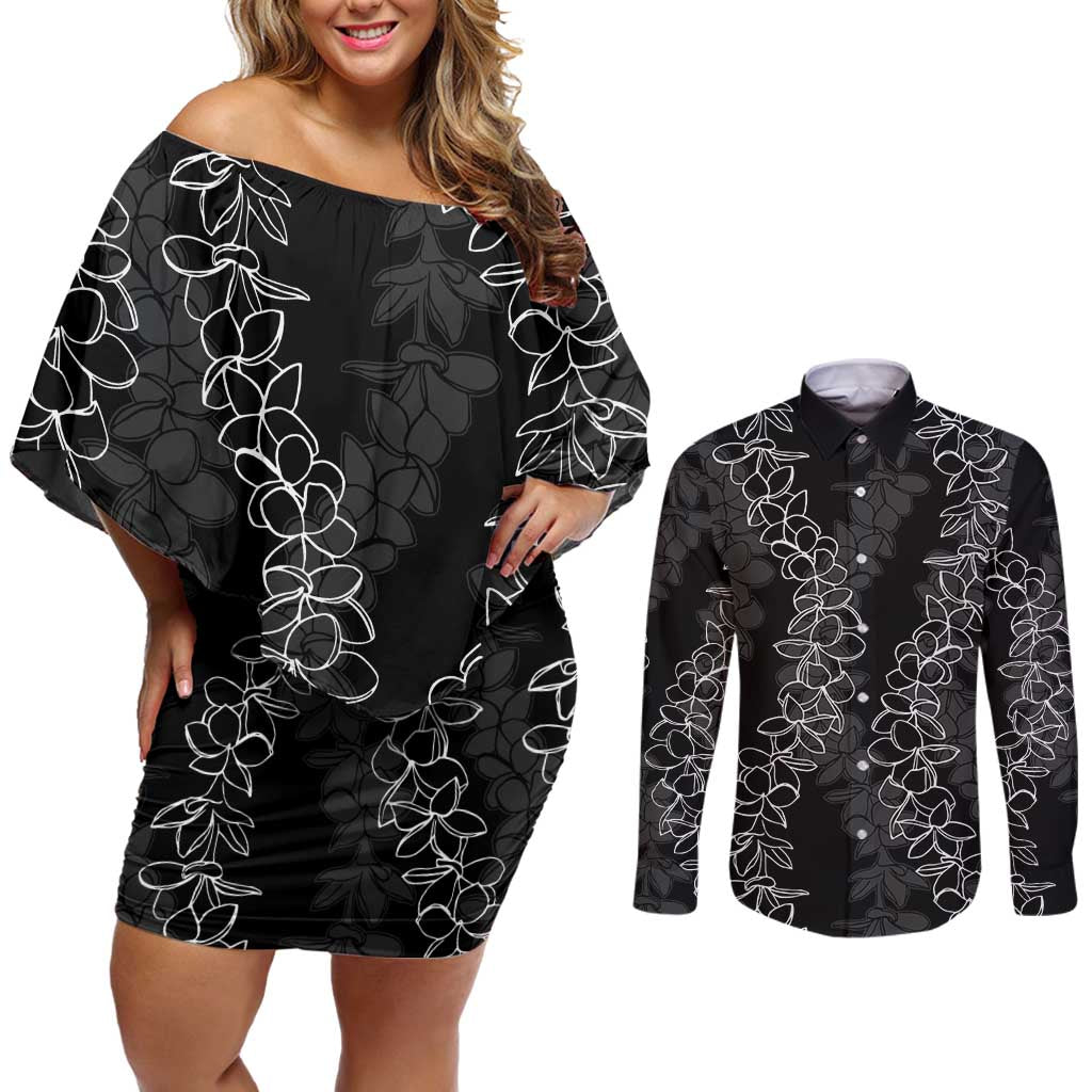 Hawaii Plumeria Lei Couples Matching Off Shoulder Short Dress and Long Sleeve Button Shirt Aloha Festive Vibe LT7 Black - Polynesian Pride