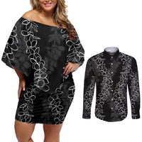 Hawaii Plumeria Lei Couples Matching Off Shoulder Short Dress and Long Sleeve Button Shirt Aloha Festive Vibe LT7 Black - Polynesian Pride