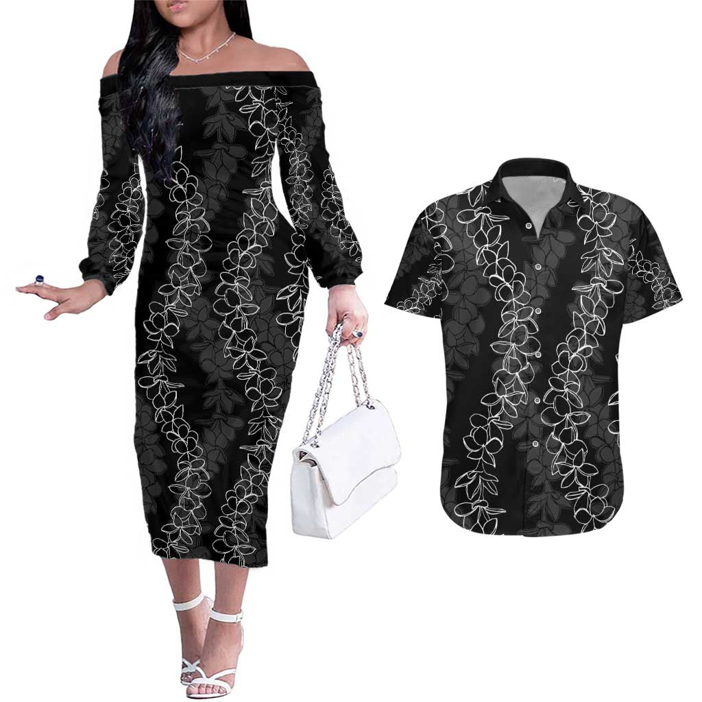 Hawaii Plumeria Lei Couples Matching Off The Shoulder Long Sleeve Dress and Hawaiian Shirt Aloha Festive Vibe LT7 Black - Polynesian Pride