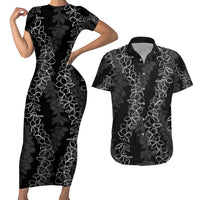 Hawaii Plumeria Lei Couples Matching Short Sleeve Bodycon Dress and Hawaiian Shirt Aloha Festive Vibe LT7 Black - Polynesian Pride