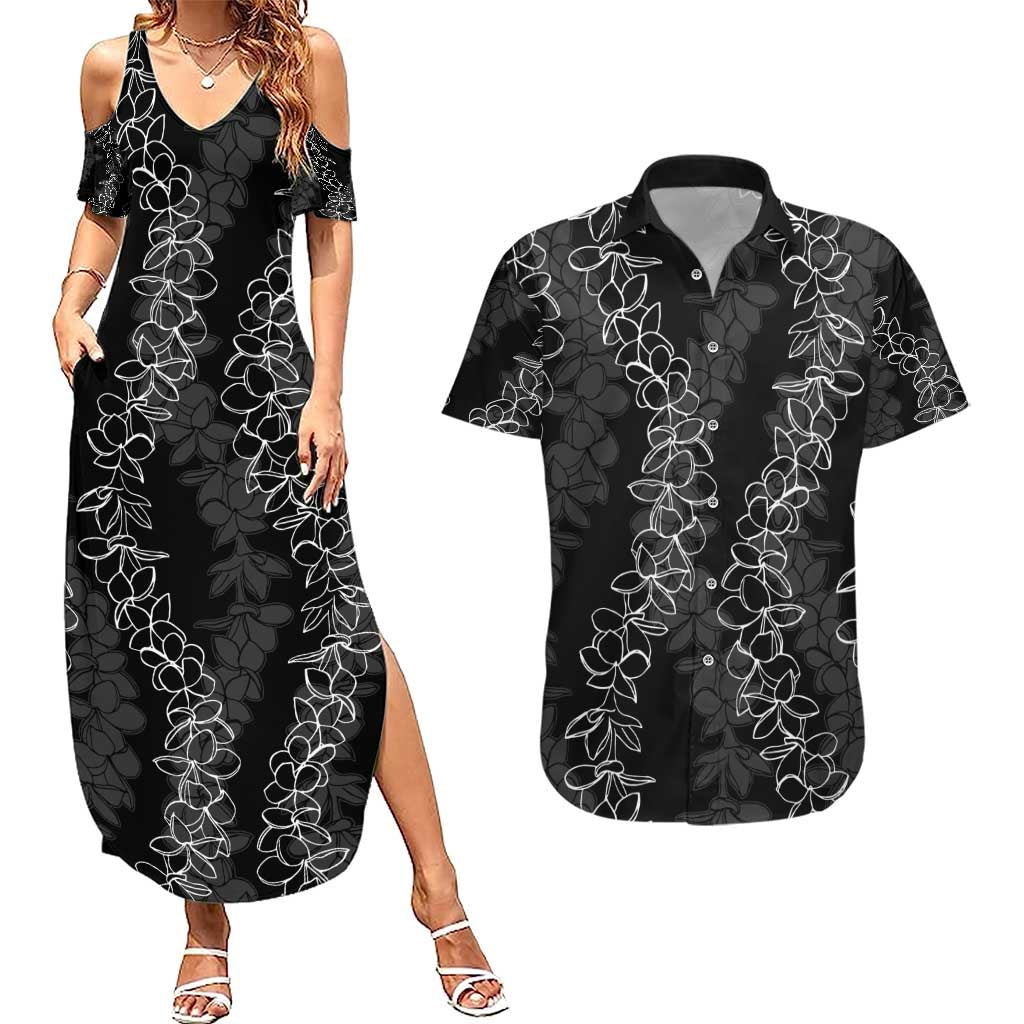 Hawaii Plumeria Lei Couples Matching Summer Maxi Dress and Hawaiian Shirt Aloha Festive Vibe LT7 Black - Polynesian Pride