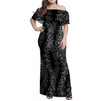 Hawaii Plumeria Lei Family Matching Off Shoulder Maxi Dress and Hawaiian Shirt Aloha Festive Vibe LT7 Mom's Dress Black - Polynesian Pride