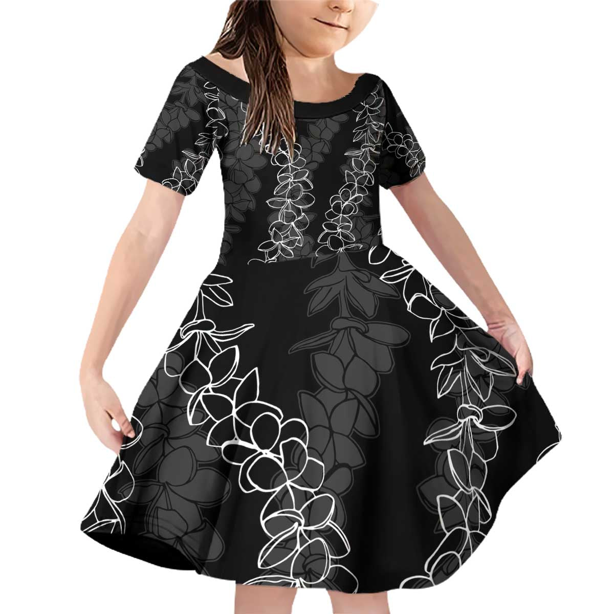 Hawaii Plumeria Lei Family Matching Off Shoulder Short Dress and Hawaiian Shirt Aloha Festive Vibe LT7 Daughter's Dress Black - Polynesian Pride