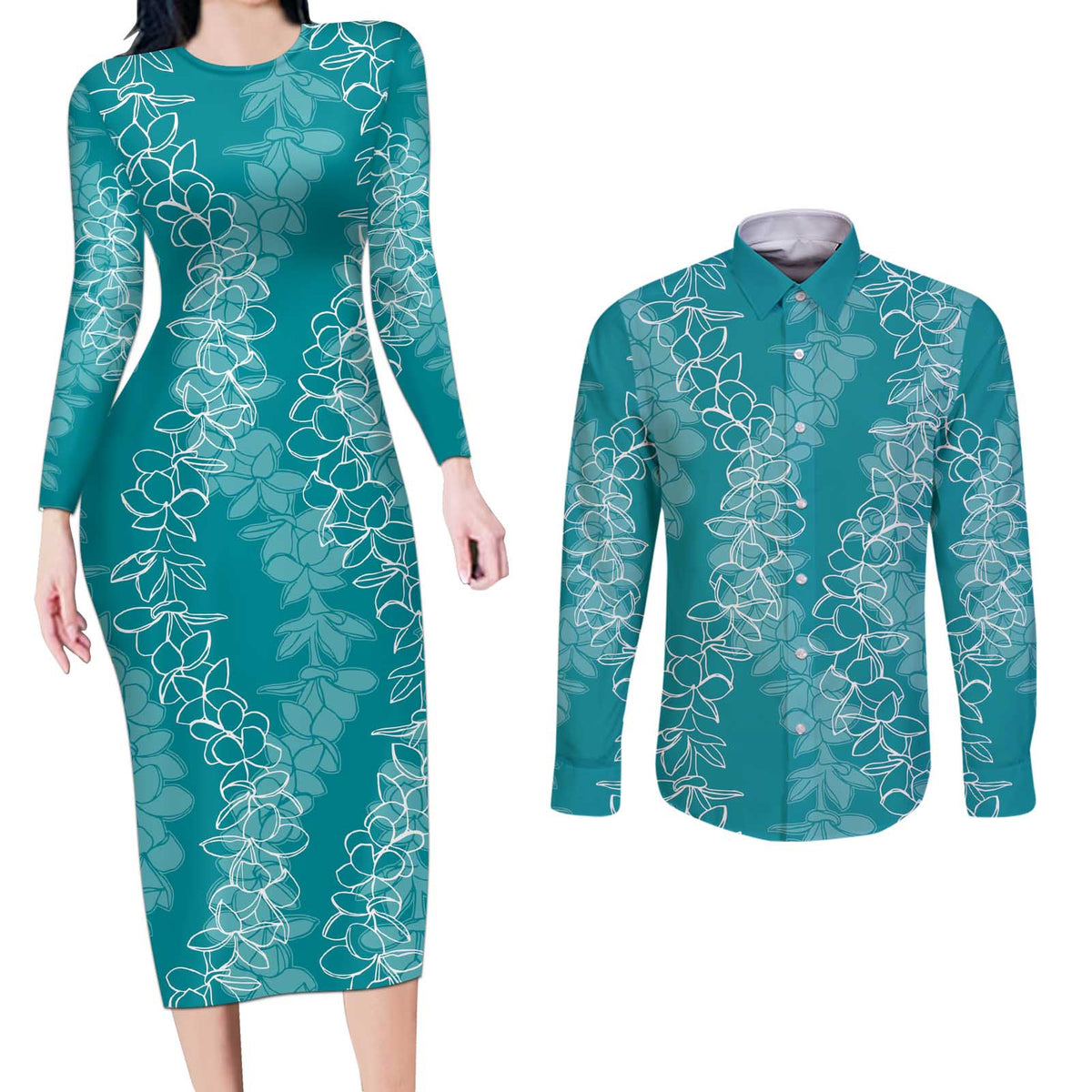 Hawaii Plumeria Lei Couples Matching Long Sleeve Bodycon Dress and Long Sleeve Button Shirt Aloha Festive Vibe - Teal LT7 Teal - Polynesian Pride
