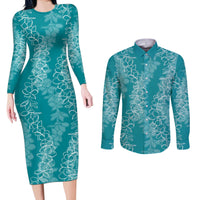 Hawaii Plumeria Lei Couples Matching Long Sleeve Bodycon Dress and Long Sleeve Button Shirt Aloha Festive Vibe - Teal LT7 Teal - Polynesian Pride