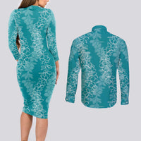 Hawaii Plumeria Lei Couples Matching Long Sleeve Bodycon Dress and Long Sleeve Button Shirt Aloha Festive Vibe - Teal LT7 - Polynesian Pride
