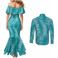 Hawaii Plumeria Lei Couples Matching Mermaid Dress and Long Sleeve Button Shirt Aloha Festive Vibe - Teal LT7 - Polynesian Pride