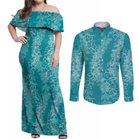 Hawaii Plumeria Lei Couples Matching Off Shoulder Maxi Dress and Long Sleeve Button Shirt Aloha Festive Vibe - Teal LT7 Teal - Polynesian Pride