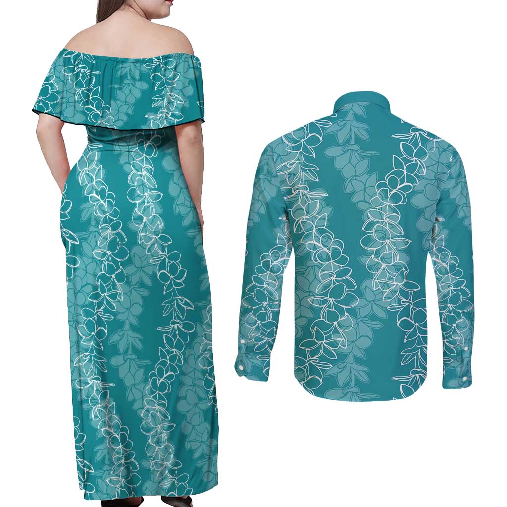 Hawaii Plumeria Lei Couples Matching Off Shoulder Maxi Dress and Long Sleeve Button Shirt Aloha Festive Vibe - Teal LT7 - Polynesian Pride