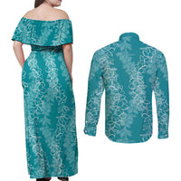 Hawaii Plumeria Lei Couples Matching Off Shoulder Maxi Dress and Long Sleeve Button Shirt Aloha Festive Vibe - Teal LT7 - Polynesian Pride