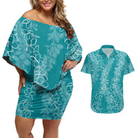 Hawaii Plumeria Lei Couples Matching Off Shoulder Short Dress and Hawaiian Shirt Aloha Festive Vibe - Teal LT7 Teal - Polynesian Pride
