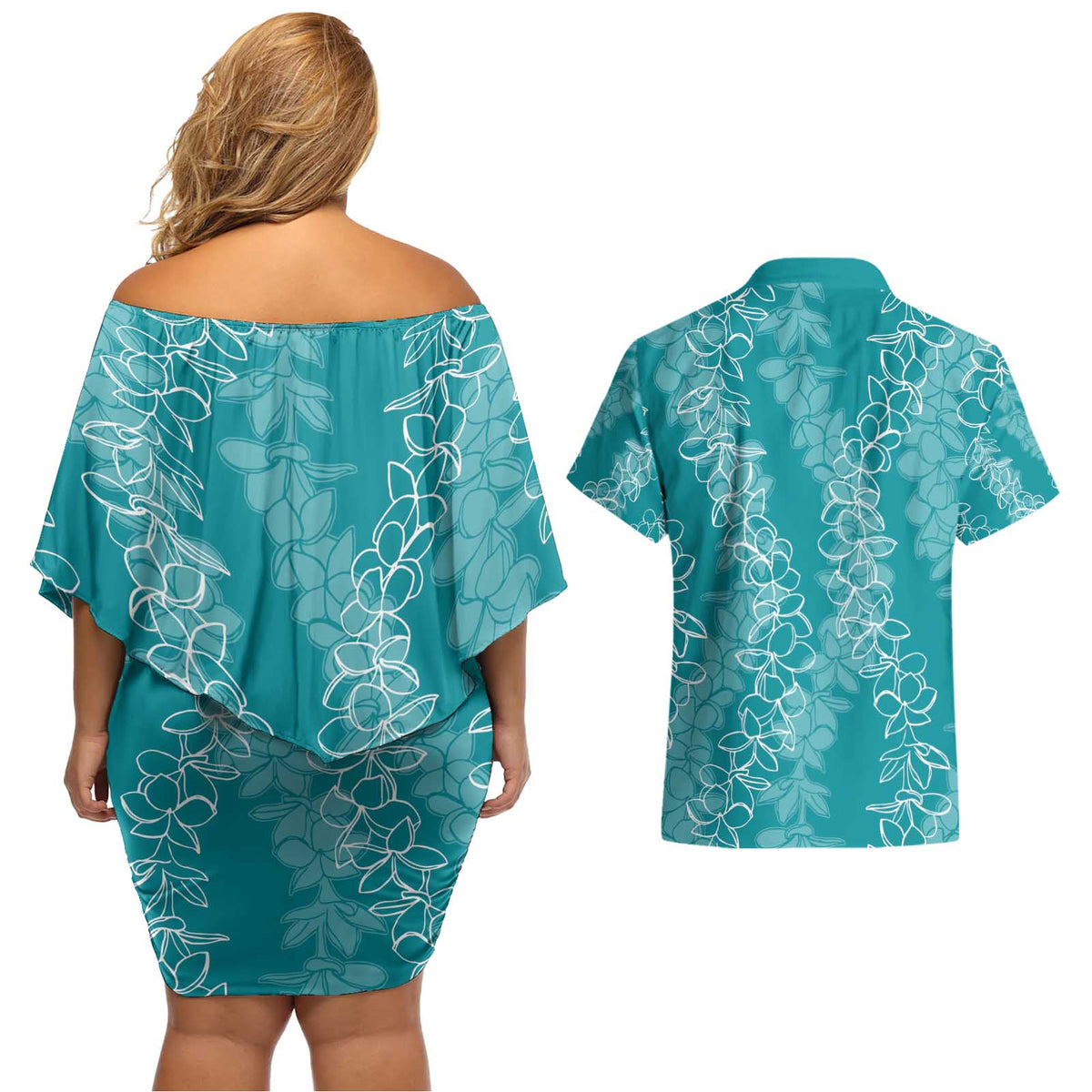 Hawaii Plumeria Lei Couples Matching Off Shoulder Short Dress and Hawaiian Shirt Aloha Festive Vibe - Teal LT7 - Polynesian Pride