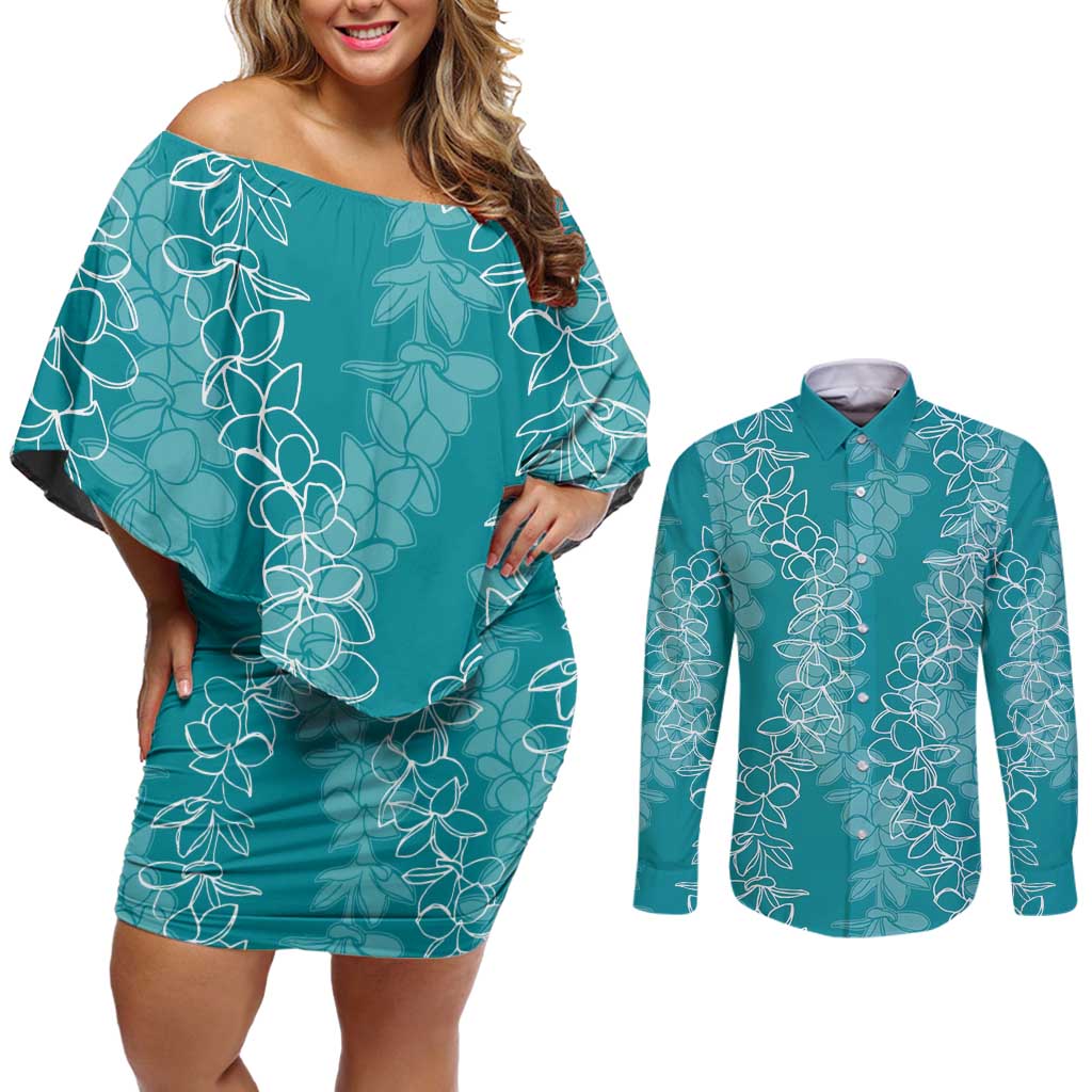 Hawaii Plumeria Lei Couples Matching Off Shoulder Short Dress and Long Sleeve Button Shirt Aloha Festive Vibe - Teal LT7 Teal - Polynesian Pride