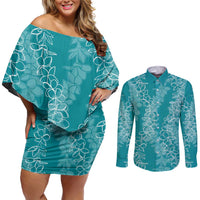 Hawaii Plumeria Lei Couples Matching Off Shoulder Short Dress and Long Sleeve Button Shirt Aloha Festive Vibe - Teal LT7 Teal - Polynesian Pride