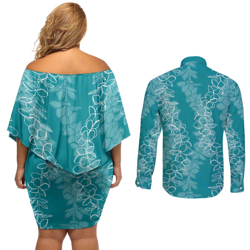 Hawaii Plumeria Lei Couples Matching Off Shoulder Short Dress and Long Sleeve Button Shirt Aloha Festive Vibe - Teal LT7 - Polynesian Pride