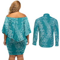 Hawaii Plumeria Lei Couples Matching Off Shoulder Short Dress and Long Sleeve Button Shirt Aloha Festive Vibe - Teal LT7 - Polynesian Pride