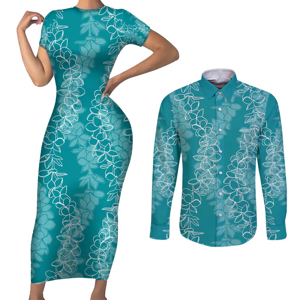 Hawaii Plumeria Lei Couples Matching Short Sleeve Bodycon Dress and Long Sleeve Button Shirt Aloha Festive Vibe - Teal LT7 Teal - Polynesian Pride
