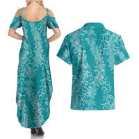 Hawaii Plumeria Lei Couples Matching Summer Maxi Dress and Hawaiian Shirt Aloha Festive Vibe - Teal LT7 - Polynesian Pride