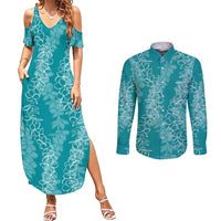 Hawaii Plumeria Lei Couples Matching Summer Maxi Dress and Long Sleeve Button Shirt Aloha Festive Vibe - Teal LT7 Teal - Polynesian Pride