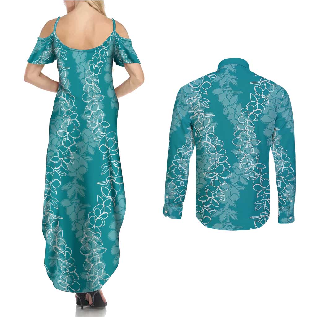 Hawaii Plumeria Lei Couples Matching Summer Maxi Dress and Long Sleeve Button Shirt Aloha Festive Vibe - Teal LT7 - Polynesian Pride