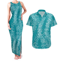 Hawaii Plumeria Lei Couples Matching Tank Maxi Dress and Hawaiian Shirt Aloha Festive Vibe - Teal LT7 Teal - Polynesian Pride
