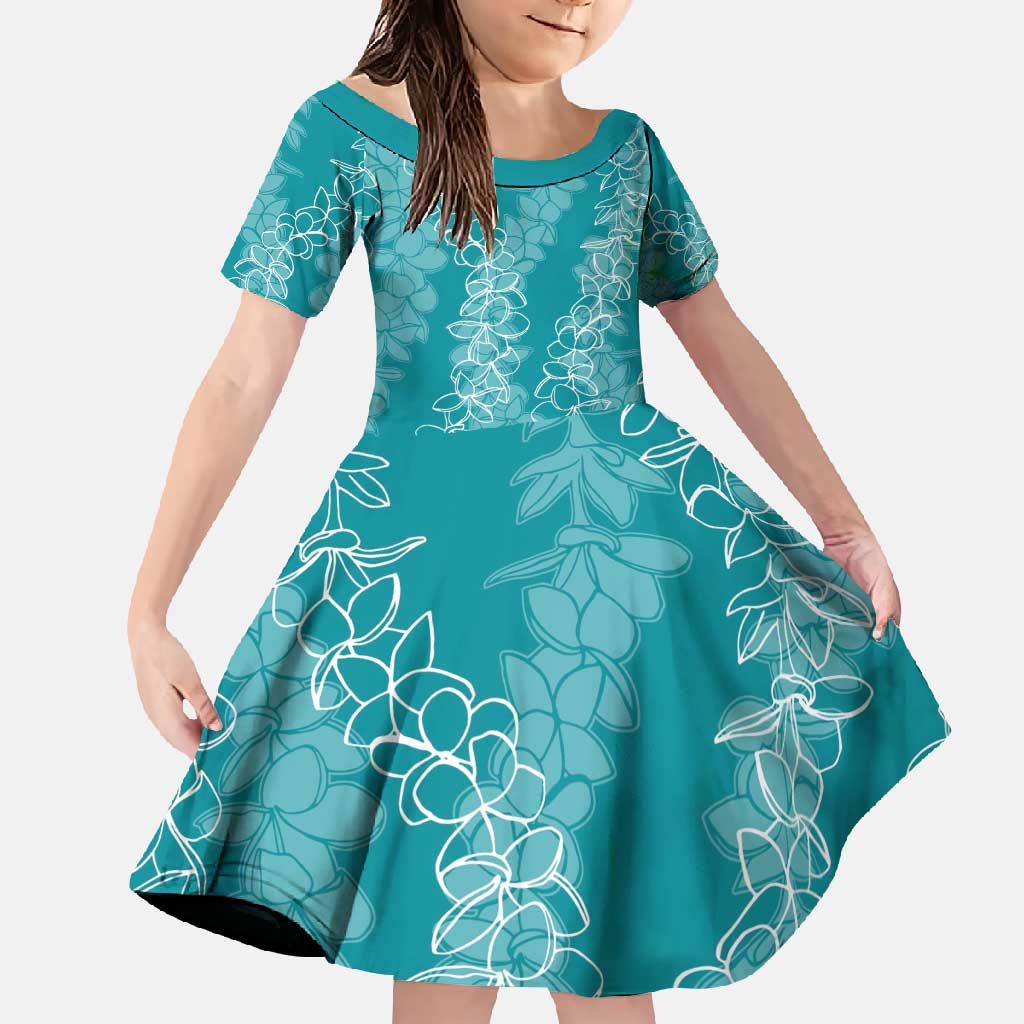 Hawaii Plumeria Lei Family Matching Long Sleeve Bodycon Dress and Hawaiian Shirt Aloha Festive Vibe - Teal LT7 Daughter's Dress Teal - Polynesian Pride
