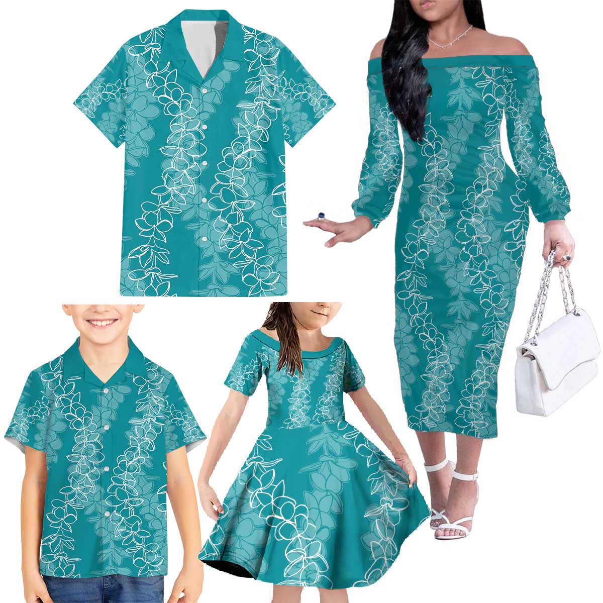Hawaii Plumeria Lei Family Matching Off The Shoulder Long Sleeve Dress and Hawaiian Shirt Aloha Festive Vibe - Teal LT7 - Polynesian Pride
