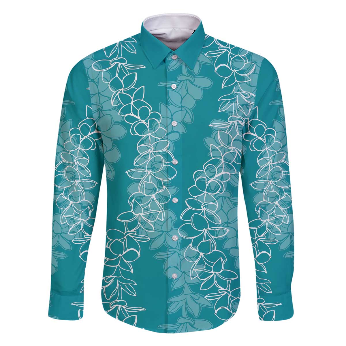Hawaii Plumeria Lei Family Matching Off The Shoulder Long Sleeve Dress and Hawaiian Shirt Aloha Festive Vibe - Teal LT7 Dad's Shirt - Long Sleeve Teal - Polynesian Pride