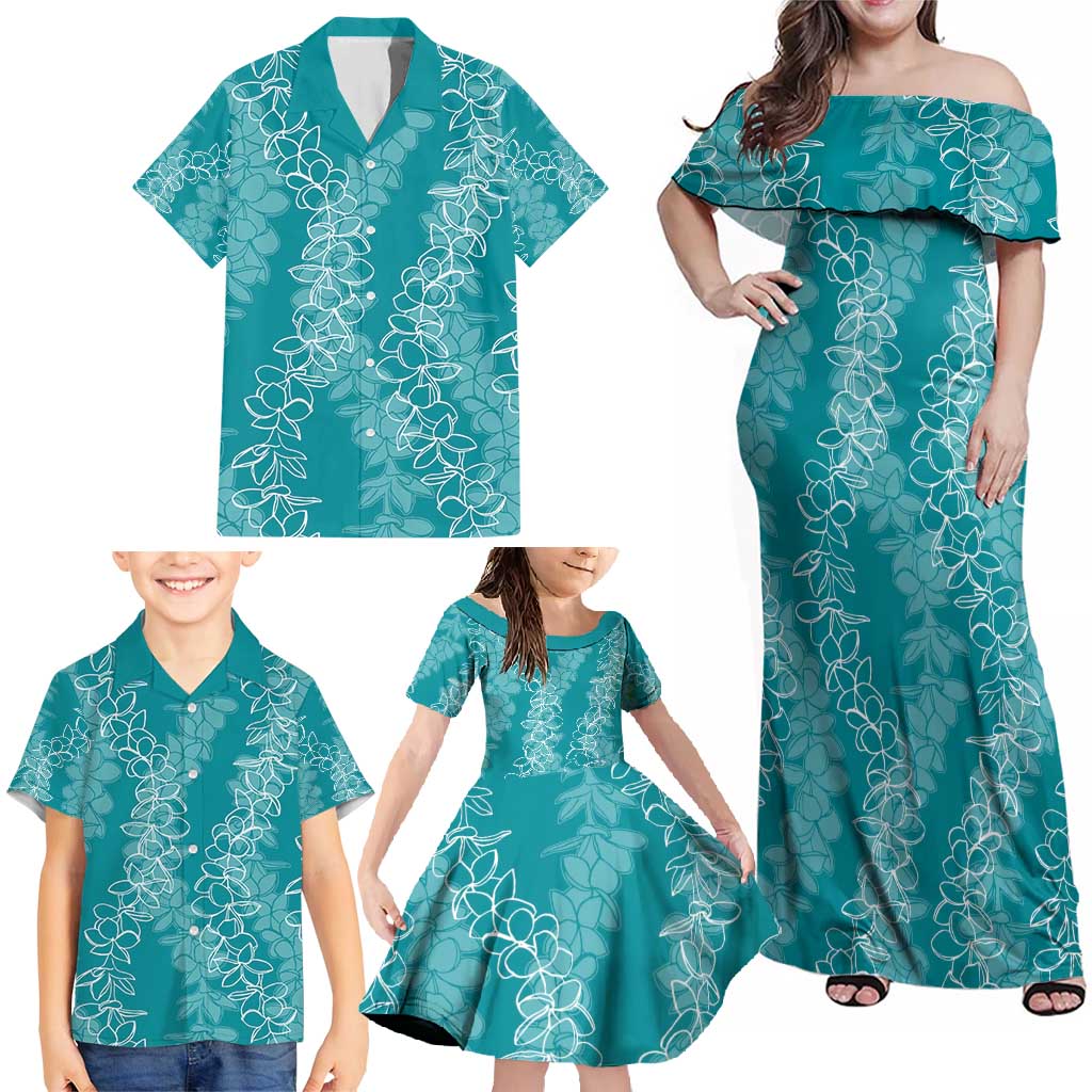 Hawaii Plumeria Lei Family Matching Off Shoulder Maxi Dress and Hawaiian Shirt Aloha Festive Vibe - Teal LT7 - Polynesian Pride