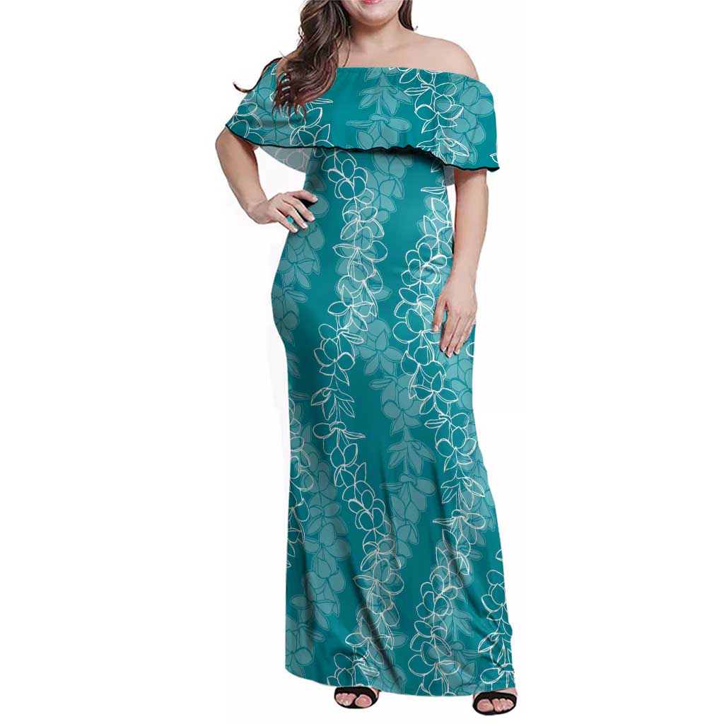 Hawaii Plumeria Lei Family Matching Off Shoulder Maxi Dress and Hawaiian Shirt Aloha Festive Vibe - Teal LT7 Mom's Dress Teal - Polynesian Pride