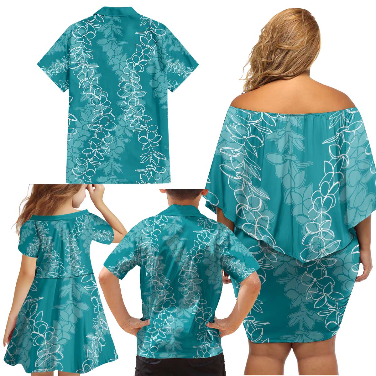 Hawaii Plumeria Lei Family Matching Off Shoulder Short Dress and Hawaiian Shirt Aloha Festive Vibe - Teal LT7 - Polynesian Pride