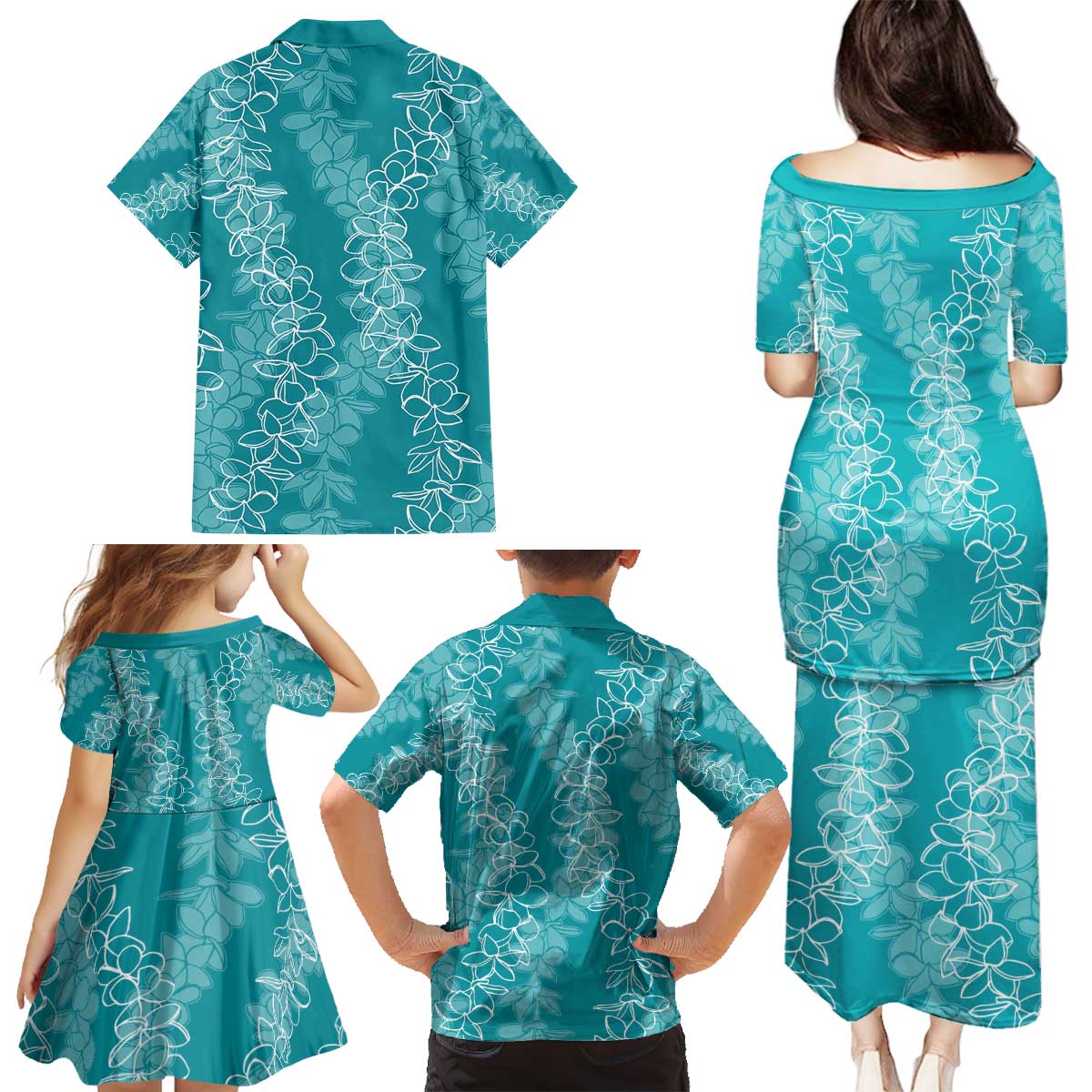 Hawaii Plumeria Lei Family Matching Puletasi and Hawaiian Shirt Aloha Festive Vibe - Teal LT7 - Polynesian Pride