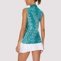 Hawaii Plumeria Lei Women Sleeveless Polo Shirt Aloha Festive Vibe - Teal LT7 - Polynesian Pride