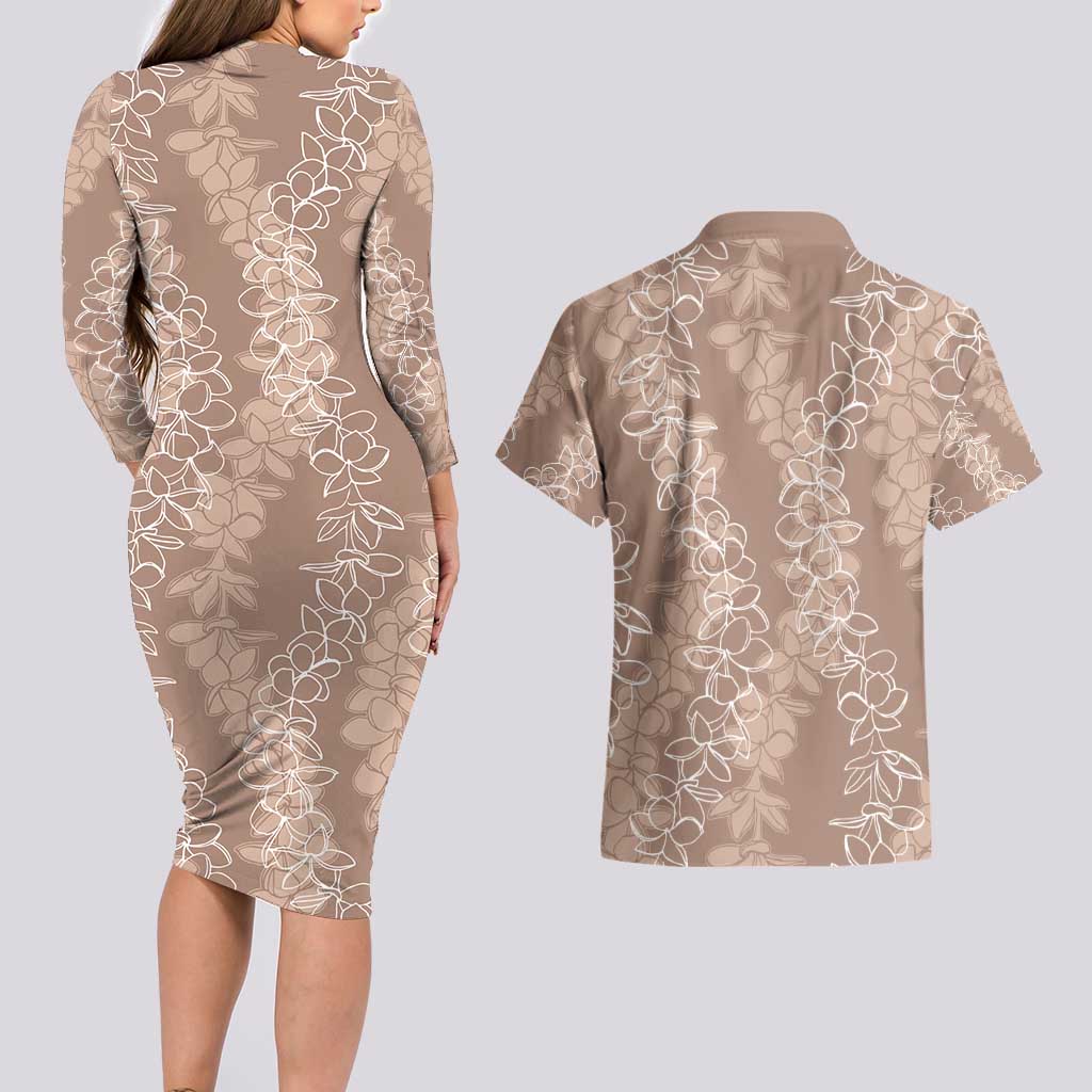 Hawaii Plumeria Lei Couples Matching Long Sleeve Bodycon Dress and Hawaiian Shirt Aloha Festive Vibe - Beige LT7 - Polynesian Pride