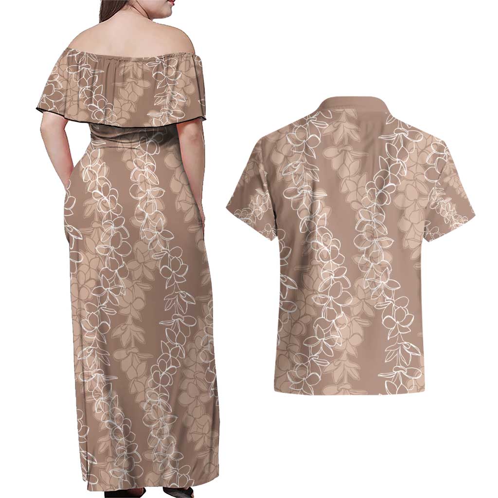 Hawaii Plumeria Lei Couples Matching Off Shoulder Maxi Dress and Hawaiian Shirt Aloha Festive Vibe - Beige LT7 - Polynesian Pride