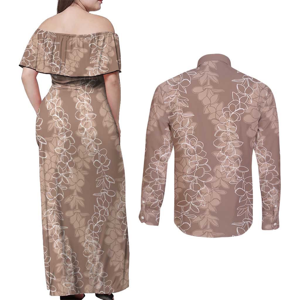 Hawaii Plumeria Lei Couples Matching Off Shoulder Maxi Dress and Long Sleeve Button Shirt Aloha Festive Vibe - Beige LT7 - Polynesian Pride