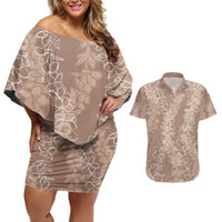 Hawaii Plumeria Lei Couples Matching Off Shoulder Short Dress and Hawaiian Shirt Aloha Festive Vibe - Beige LT7 Beige - Polynesian Pride