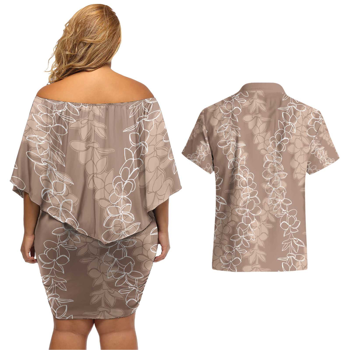 Hawaii Plumeria Lei Couples Matching Off Shoulder Short Dress and Hawaiian Shirt Aloha Festive Vibe - Beige LT7 - Polynesian Pride