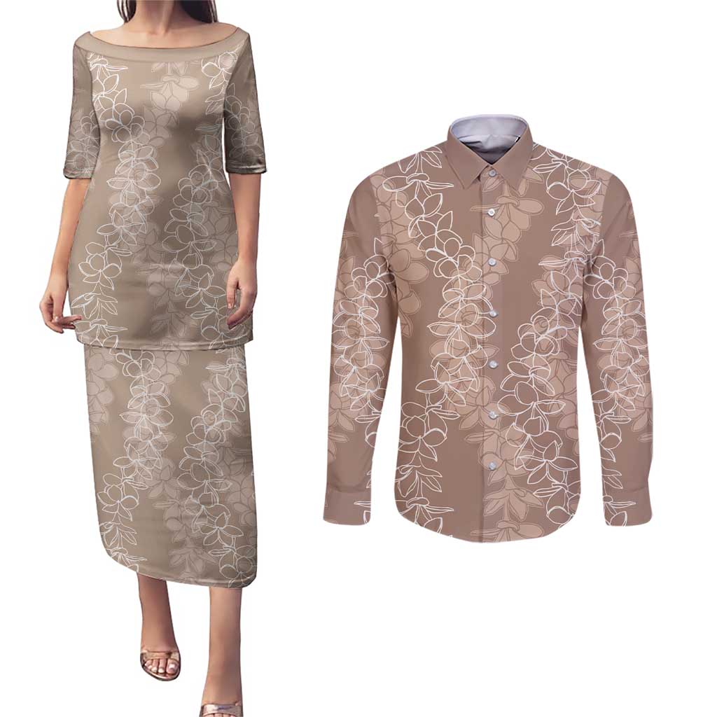 Hawaii Plumeria Lei Couples Matching Puletasi and Long Sleeve Button Shirt Aloha Festive Vibe - Beige